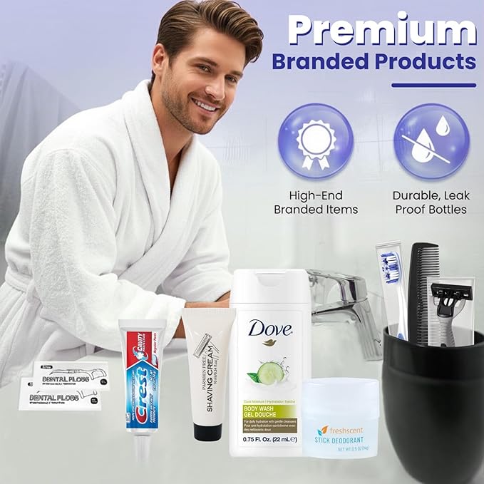 Trektote Bulk Hygiene Kit For Men And Women – (50 Pack) 10 Piece Set Of Travel Size Toiletries, TSA Compliant, Bulk Travel Essentials, Includes Shampoo And Conditioner, Body Wash, Toiletry Bag & More