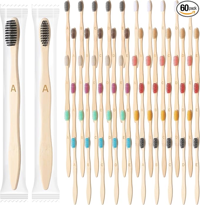 Sieral 60 Pcs 120 Pcs Bamboo Toothbrushes Bulk Soft Bristle Individually Wrapped Travel Toothbrush Eco Friendly Natural Wooden Tooth Brush for Kid Adult Home Travel Use, 7.5 Inch, 12 Colors (Letter)