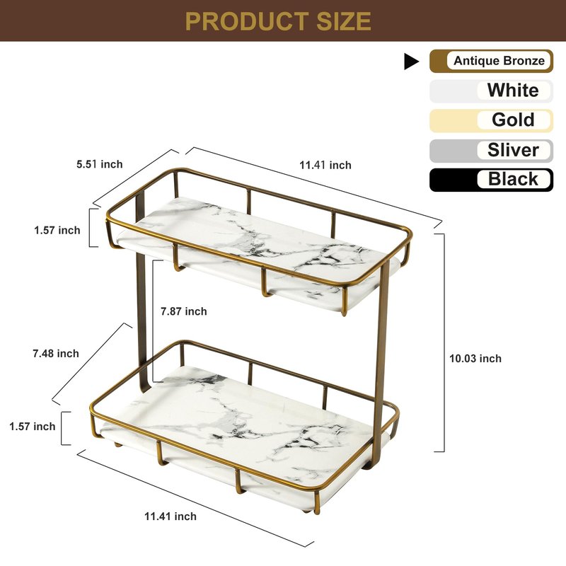 Bathroom Organizer Countertop Perfume Organizer Makeup Organizer Cosmetics Storage Display Rack Vanity Tray Dresser Stainless Steel Gold Shelf White Marble Ceramic Tray