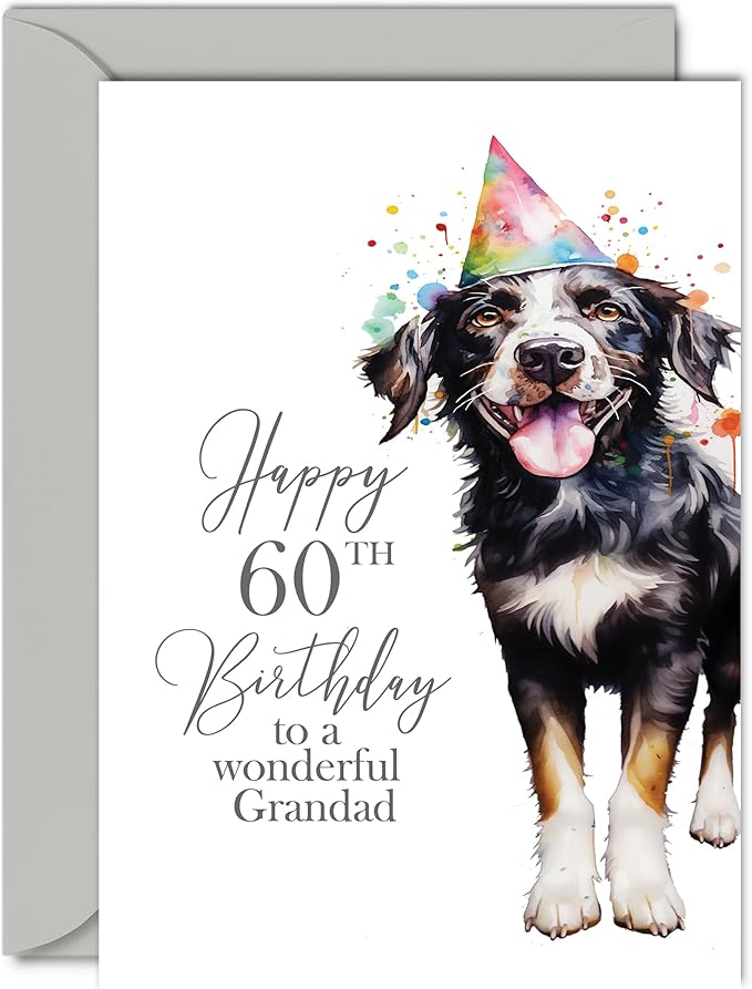 60th Birthday Cards for Grandad - Party Dog - Happy Birthday Card for 60 Year Old Grandad from Grandson Granddaughter, 5x7 Inch Bday Men Man Him Greeting Cards Gift for Grandad Birthday Gifts