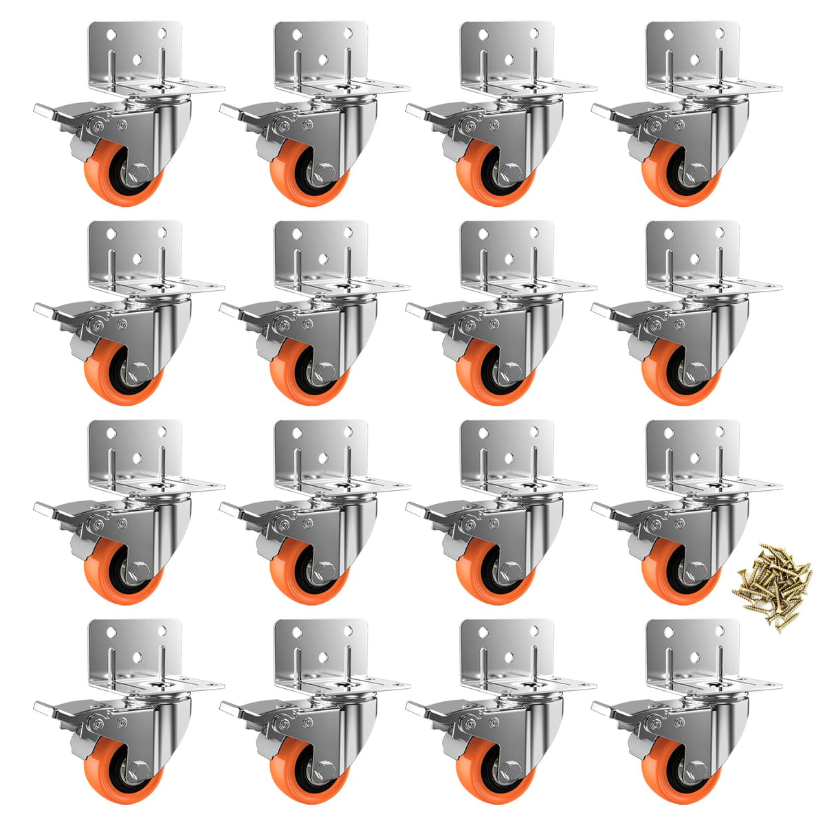 ASHGOOB 2inch L-Shaped Caster Wheels, Side Mount Casters Set of 16, Heavy Duty Casters with Brake, Double Bearing Locking Polyurethane(PU) Wheels for Baby Beds/Cabinets/Furniture（16 Pack