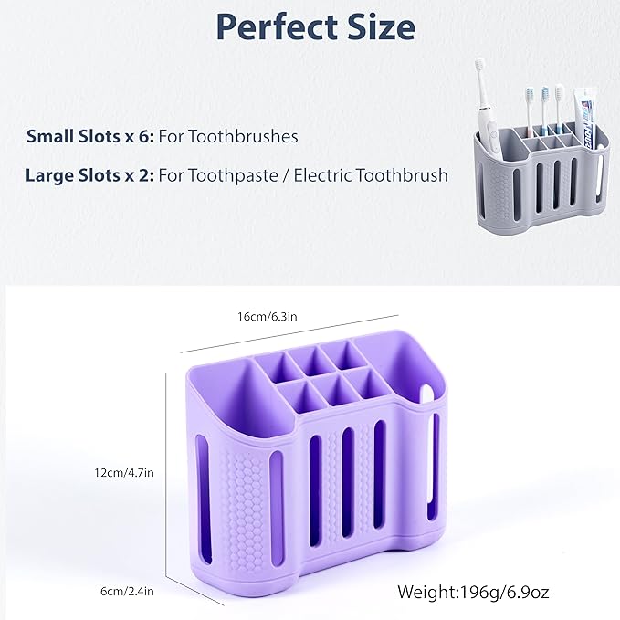 Wall-Mounted Silicone Toothbrush Holders for Bathrooms, Electric Toothbrush, Shaver and Toothpaste Holder, Multiple Slots, Suction Pad& Adhesive Tape, Bathroom Organizer, Bathroom Accessories (Purple)