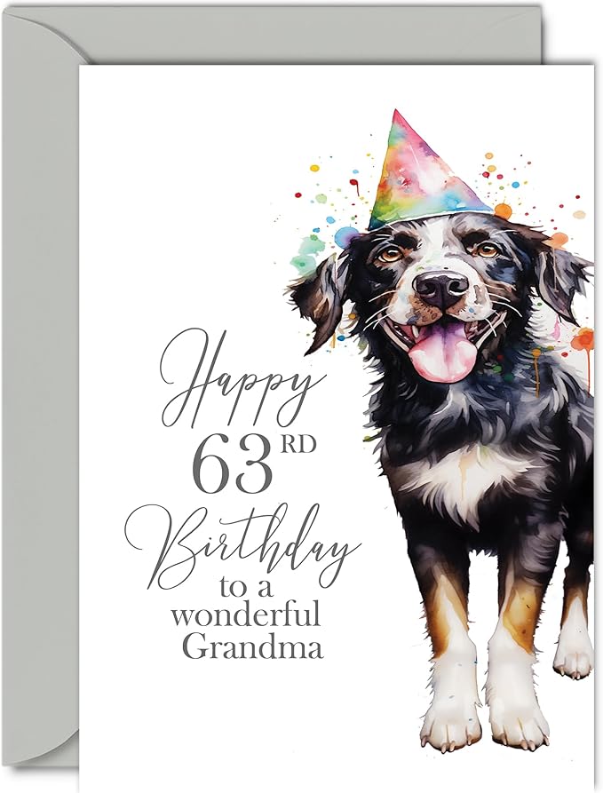 63rd Birthday Cards for Grandma - Party Dog - Happy Birthday Card for 63 Year Old Grandma from Grandson Granddaughter, 5x7 Inch Bday Women Woman Her Greeting Cards Gift for Grandma Birthday Gifts