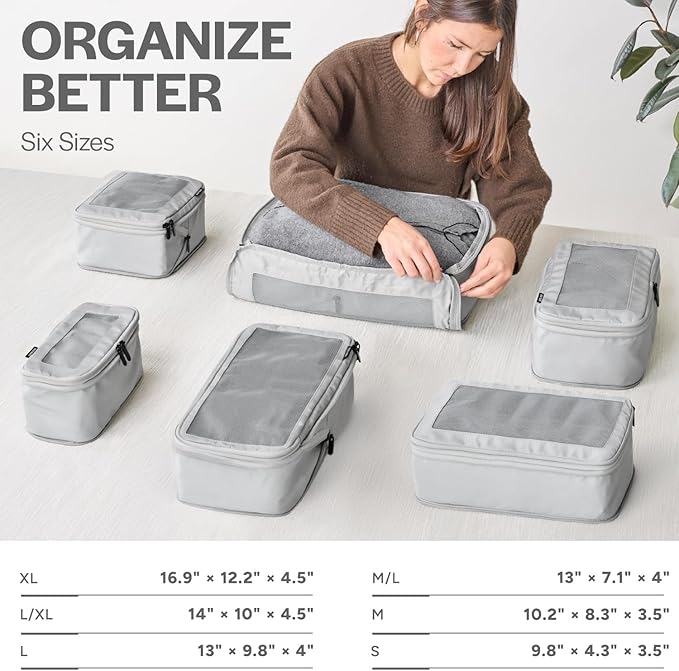 Aerotrunk Compression Packing Cubes for Travel - Luggage Organizer Bags - Double Zipper Packing Cubes for Suitcases (12-Pack, Light Grey)