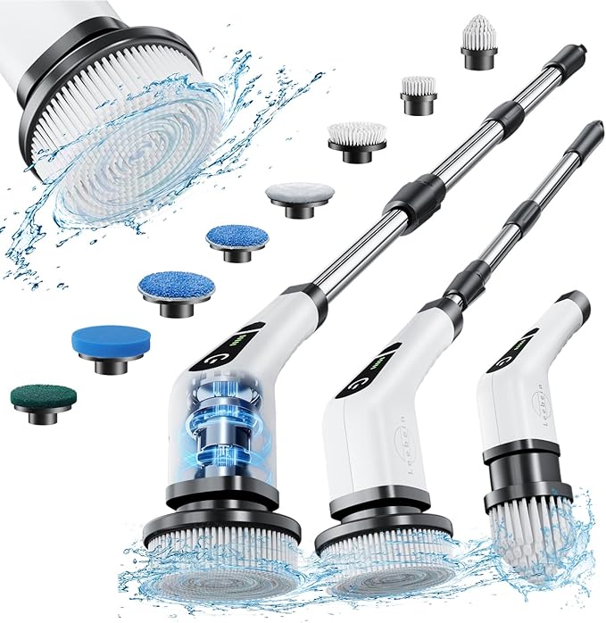 Leebein Electric Spin Scrubber, Cordless Cleaning Brush with 8 Replaceable Brush Heads, Tub and Floor Tile 360 Power Scrubber Dual Speed with Adjustable & Detachable Handle for Bathroom Kitchen Car