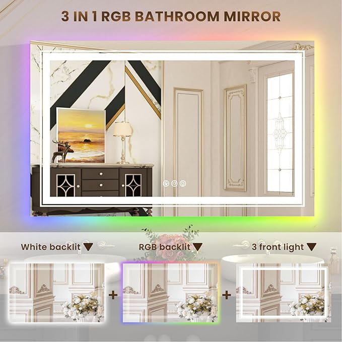 WTTY RGB LED Bathroom Mirror 40"x24" with Backlit and 3 Front Light,Stepless Dimmable LED Mirror for Bathroom,Lighted Bathroom Vanity Mirror for Wall,Anti-Fog,Memory Function,Shatter-Proof