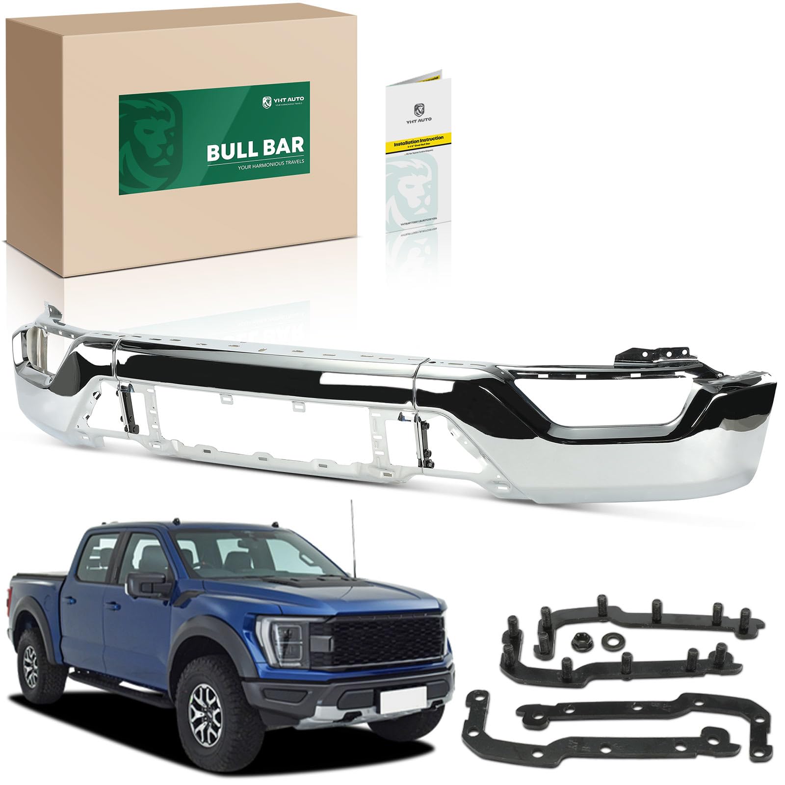 YHTAUTO Front Bumper Face Bar Compatible with Ford F-150 2021 2022 2023, w/o Park Assist Sensor Holes, w/o Automatic Park Holes,