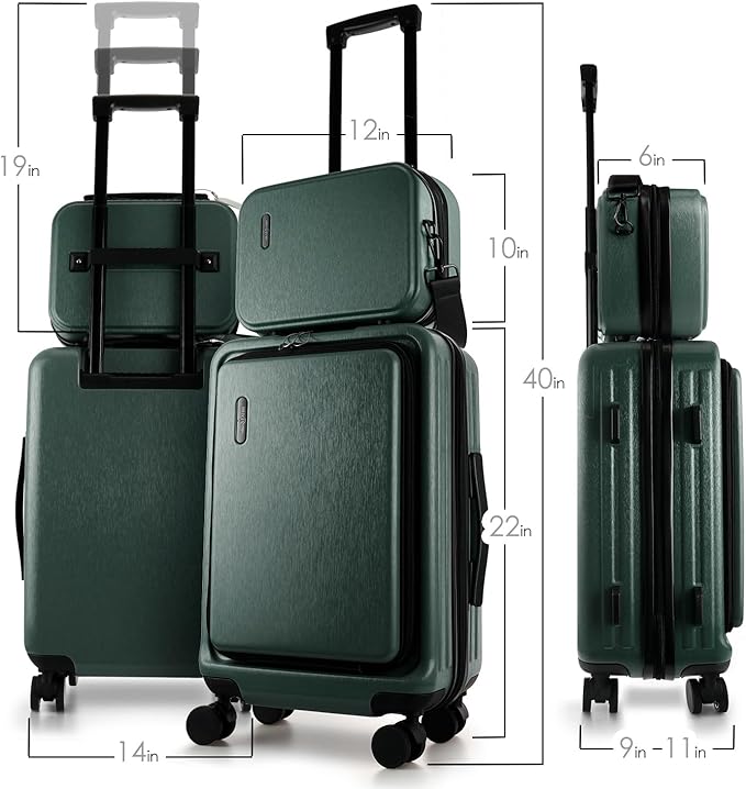 TRAVELARIM 20 Inch Carry On Luggage 22x14x9 Airline Approved, Carry On Suitcase with Wheels, Hard-shell Carry-on Luggage, Durable Luggage Carry-On, Green Small Suitcase with Cosmetic Case