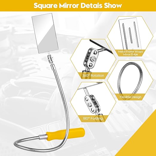 Telescoping Inspection Mirror, Flexible Retractable Automotive Extension Round Mirror 360 Rotation&Bendable Square Mirror, Extendable Mirror on a Stick with 4 Replaceable Mirror & 1 Storage Bag