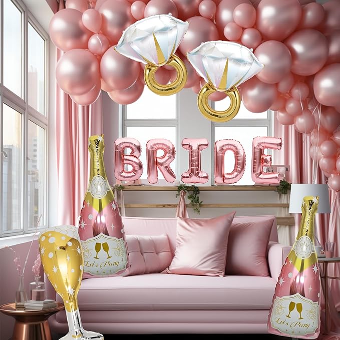 9 Pcs Bride Balloons, Huge Rose Gold Champagne Bottle Goblet Aluminum Foil Balloons for Birthday, Bachelorette, Bridal Shower, Wedding, Anniversary, Engagement Party Decorations Supplies
