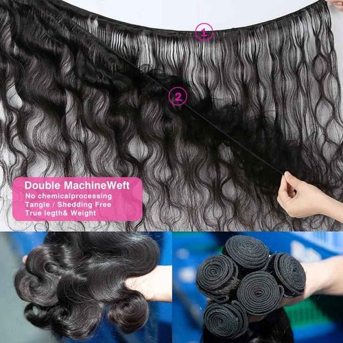 Bundles with Closure Human Hair 16 18 20+14 Inch 100% Unprocessed Brazilian Virgin Hair Extensions 3 Bundles with 4x4 HD Lace Closure Natural Black