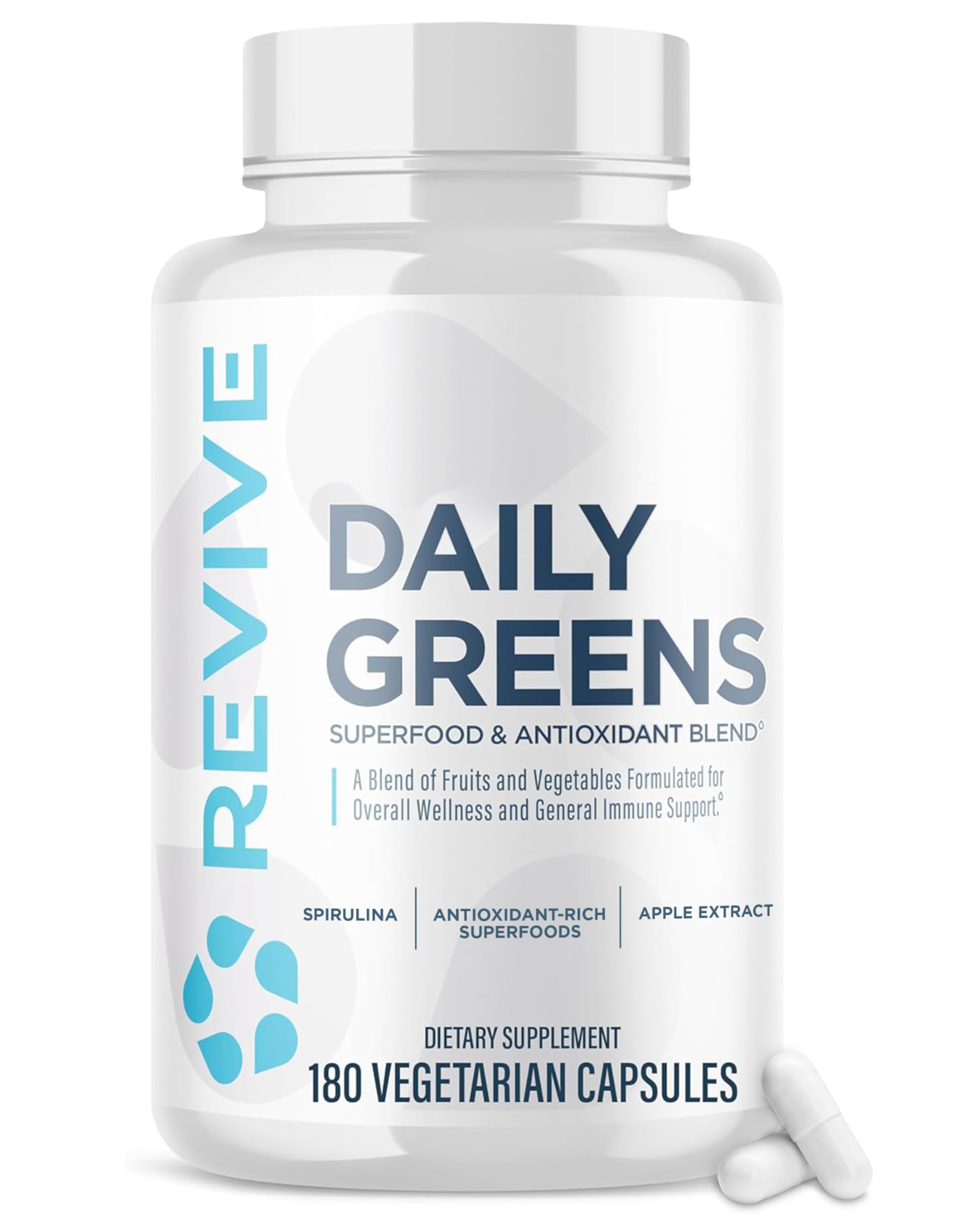 Revive MD Daily Greens Supplement for Men & Women - Superfood & Antioxidant Blend w/Digestive Enzymes, Prebiotics & Probiotics for Immune Support, Digestive & Gut Health - 180 Capsules (60 Servings)