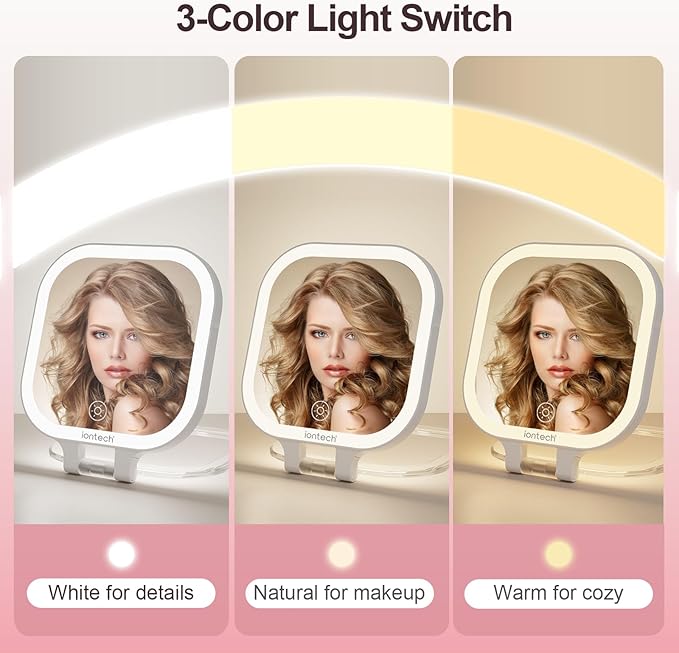 ION iontech Vanity Mirror with Lights,1x/10x Magnifying Glass,2500mAh Battery Double Sided Vanity Mirror,7in Makeup Mirror with 3 Color Light,Brightness Adjustment Memory,Folding Stand (Pink)