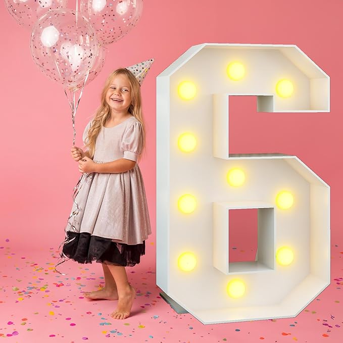 Marquee 4ft Numbers with Light up Number 6 White Mosaic Frame Slots-in Letter 6 for 6th Birthday Party Decorations Pre-Cut Cardboard Large Giant Cut-Out Thick Foam Board Sign Anniversary Graduation