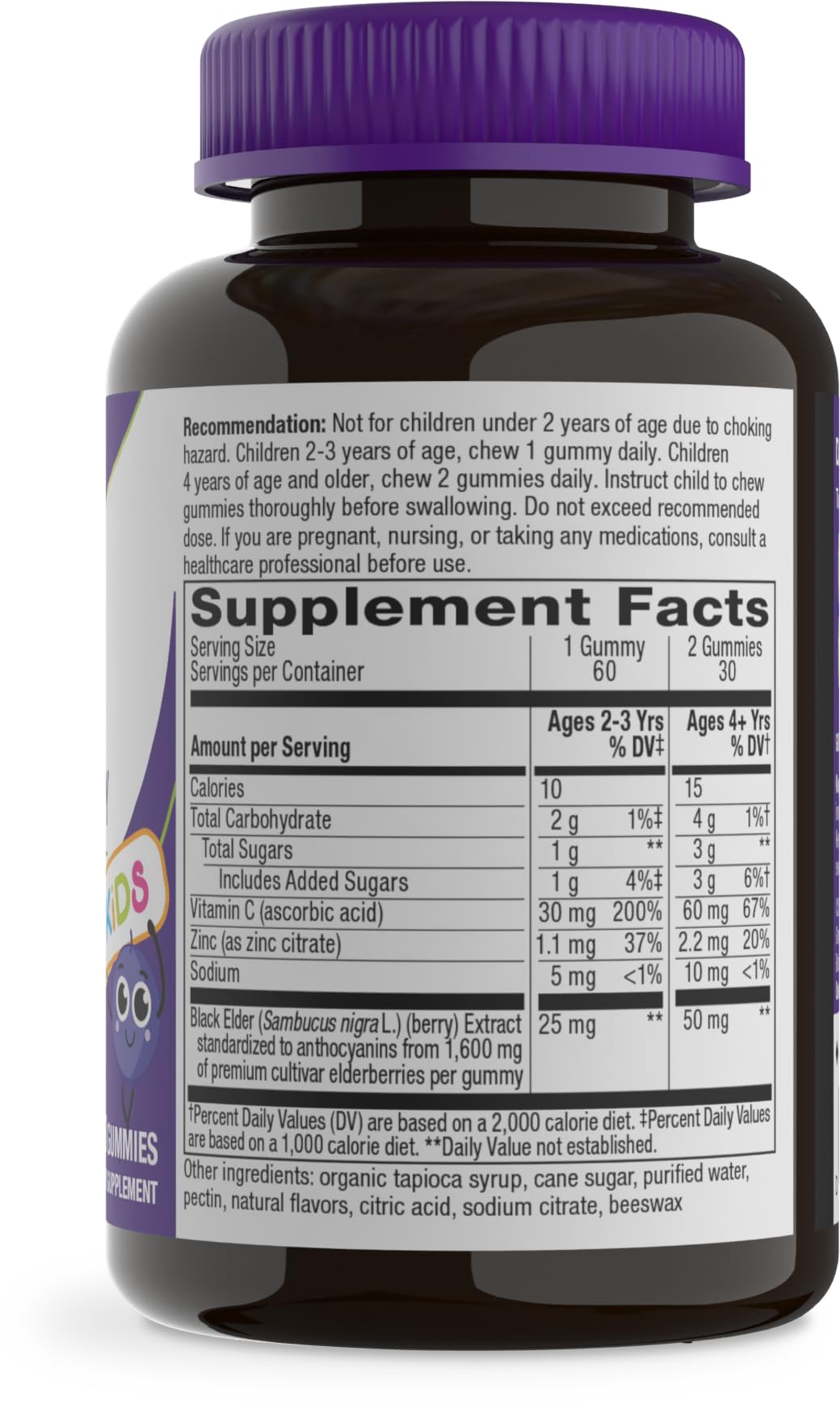 Nature's Way Sambucus Kids Elderberry Immune Gummies with Black Elderberry Extract, Daily Immune Support Gummy with Vitamin C and Zinc for Children Ages 2+*, 60 Gummies
