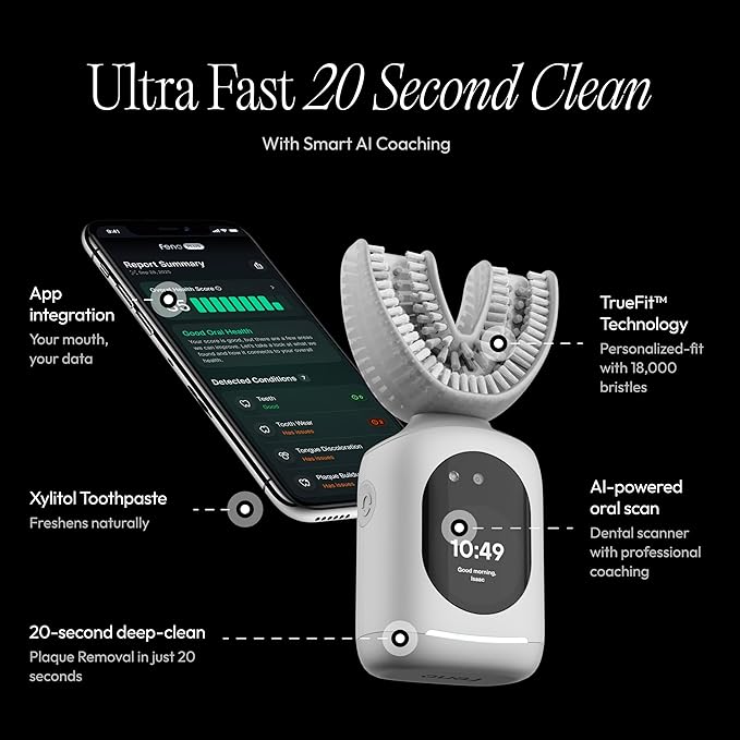 Feno Smartbrush Founders Edition Plus – AI-Powered Electric Toothbrush with Personalized Mouthpiece, 3 Tubes Foam Toothpaste, Tongue Scraper & 12-Month Plus Subscription