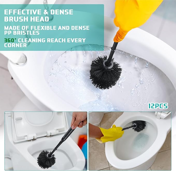 Roshtia 12 Sets Toilet Brush and Holder Set for Bathroom Toilet Bowl Brush Scrubber with Caddy for Deep Cleaning, 14.57 Height (Black)