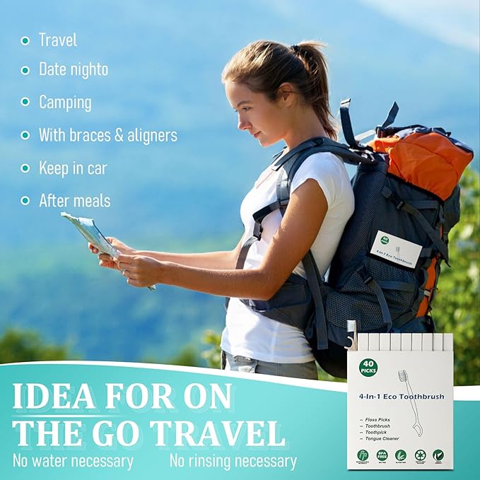 Travel Toothbrush Dental Floss Picks - 4 in 1 Biodegradable Disposable Toothbrushes with Tongue Scraper, Eco-Friendly Individually Wrapped Toothbrush for Adult Kids Travel Oral Care, 20 Pack