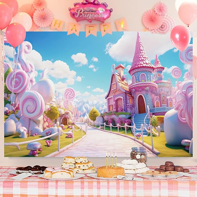 12x8ft Candyland Backdrop Pink Sweet Candy Castle Fairy Tale Photography Background for Girls Princess Birthday Baby Shower Party Decorations Kids Portraits Banner Photo Studio Props