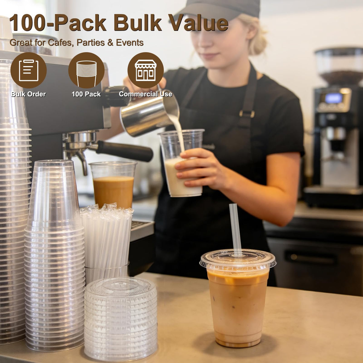Lideropa 100 Pack 16oz Clear Plastic Cups with Lids and Straws, Leak-Proof Disposable Iced Coffee Cups, BPA-Free Recyclable PET To-Go Cups for Smoothies & Cold Drinks