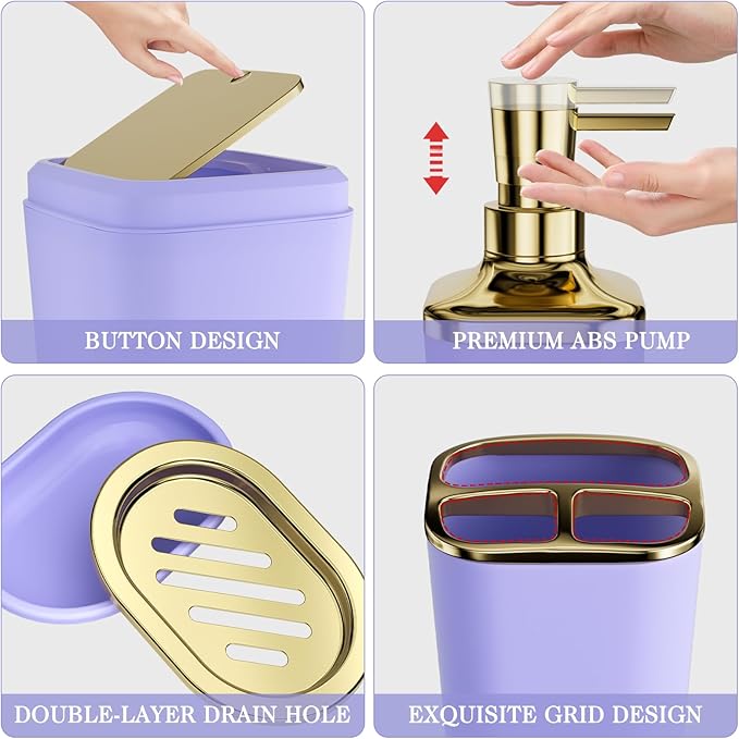Bathroom Accessories Set - 25PC Bathroom Set with Shower Curtain and Rugs, Purple Bathroom Set, Bathroom Accessory Set with Press-on Lid Trash Can, Soap Dispenser and Qtip Holders