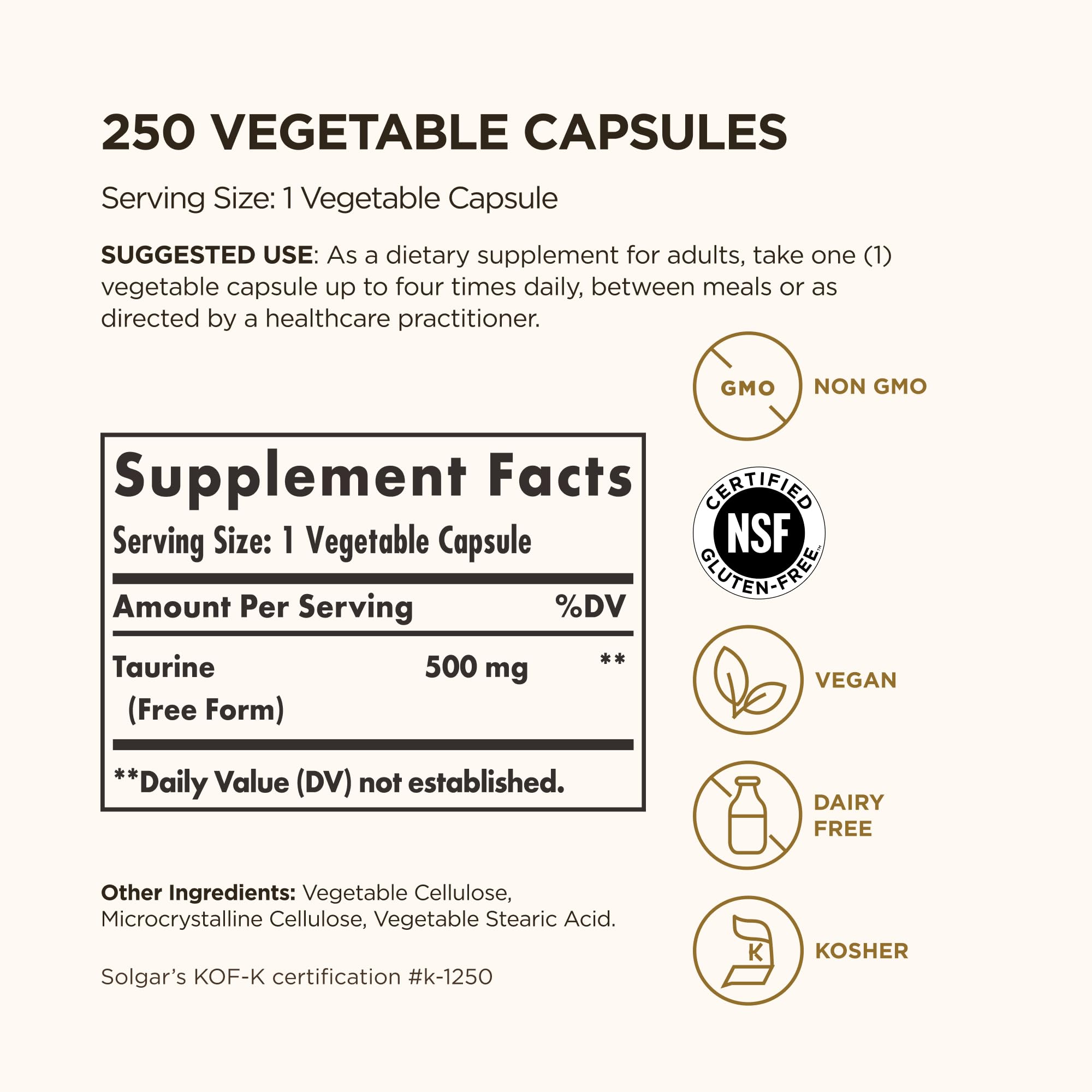 Solgar Taurine 500 mg, 250 Vegetable Capsules - Antioxidant - Brain Health - Amino Acid - Vegan, Gluten Free, Dairy Free, Kosher - 250 Servings