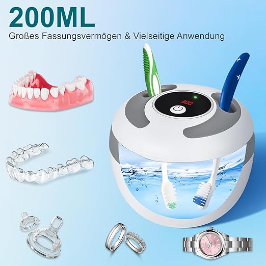 Ultrasonic Retainer Cleaner Machine, 45kHz 200ML Dental Cleaning Pod with 4 Wash Modes, Digital Timer for Denture Cleaner, Aligners, Mouth Guards, Braces, Jewelry & Toothbrush Heads (White)