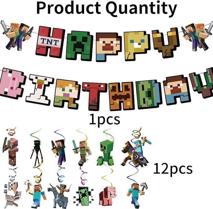 13 Pcs Pixel Game Theme Happy Birthday Decorations, Includes Happy Birthday Banner & Spiral Hanging Decorations, Ideal for Game Theme Birthday Party Decorations