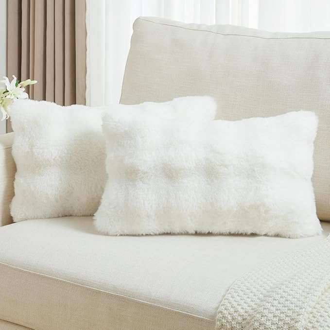 FUTEI Cream White Decorative Throw Pillow Covers 12x20 Inch Set of 2,Soft Fuzzy Faux Rabbit Fur Pillow Case with Raised Texture,Neutral Boho Home Decor for Couch Bed Living Room