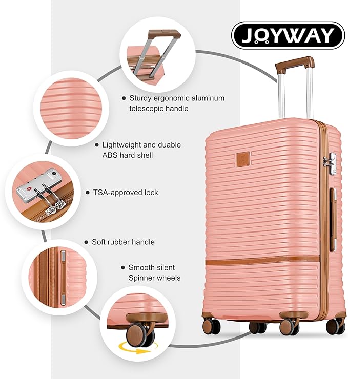 Joyway Luggage Set 3 Piece Suitcase Sets with Spinner Wheel,Hardside Expandable Travel Laggage with TSA Lock (20/24/28 Pink brown