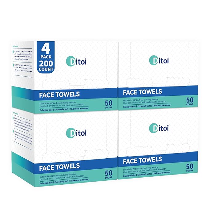 Ditoi Disposable Face Towels,Ultra Thick Face Towelettes XL, Lint-Free Cotton Facial Cloths for Makeup Removal & Skin Care,10"×12", 200 Count (4 Pack)