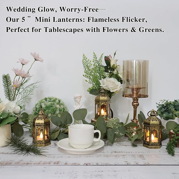 LLQ 12Pcs 5-Inch Ramadan Mini Lanterns - Ramadan & Eid Mubarak Decorations - Vintage Table Centerpieces for Wedding&Christmas Decor - LED Flickering Lantern Light for Hang Ornaments(Brushed Brass)