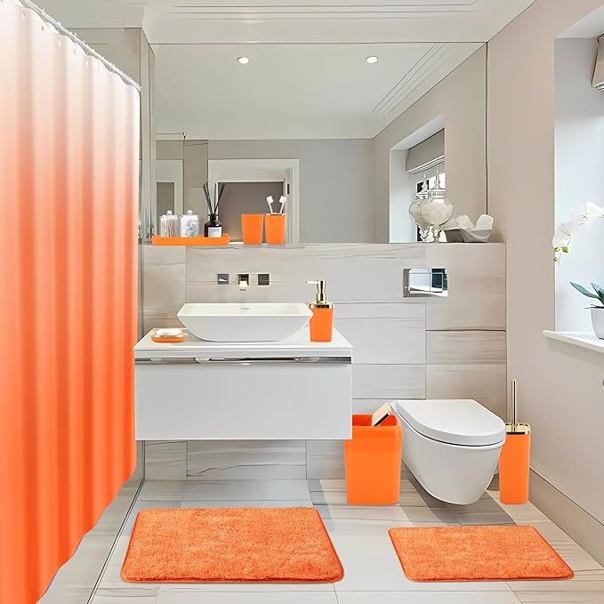 Bathroom Set - Orange Bathroom Sets with Shower Curtain and Rugs, 24PCS Shower Curtain Set with Hooks, Soap Dispenser, Soap Dish, Toilet Brush Holder and Trash Can for Housewarming
