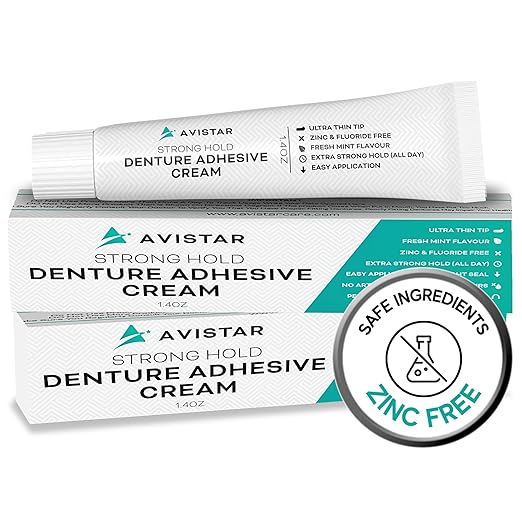 Extra Strong Denture Adhesive Cream, 12 Hour Hold Dental Glue, Waterproof, Zinc & Fluoride Free, Easy Apply Nozzle, Seals Food Out for Comfort, Mint Flavor (2 Pack, 2.8 Fl Oz)