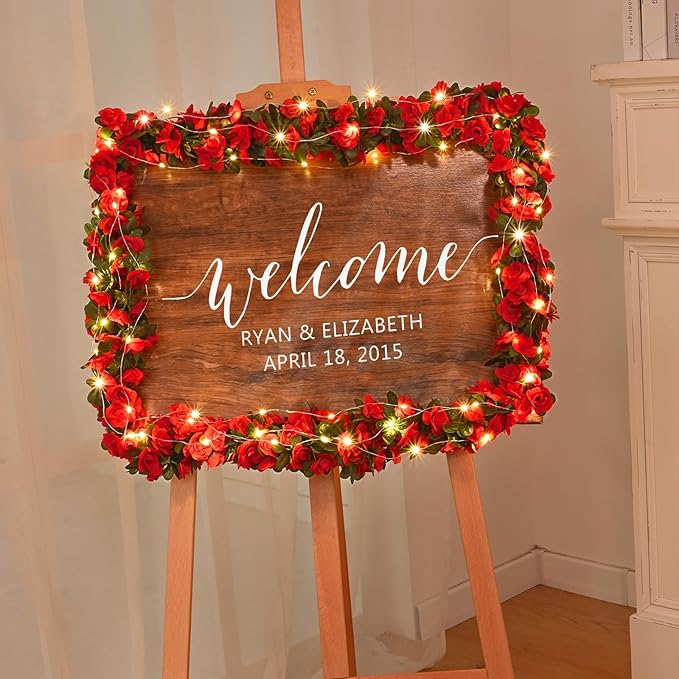 MARTINE MALL Flower Garland Vines, 5 Strands 41Ft With 33 Ft/100 LED String Lights - Rose Decoration for Bedroom, Room, Table, Wedding Decor