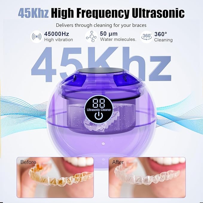 Retainer Cleaner Machine 45kHz Ultrasonic Dental Retainer Cleaner with 3 Modes and Digital Timer Mouth Guard for Retainer Clean, Denture Clean, Night Guard, Braces, Aligner, Jewelry 200ML (White)