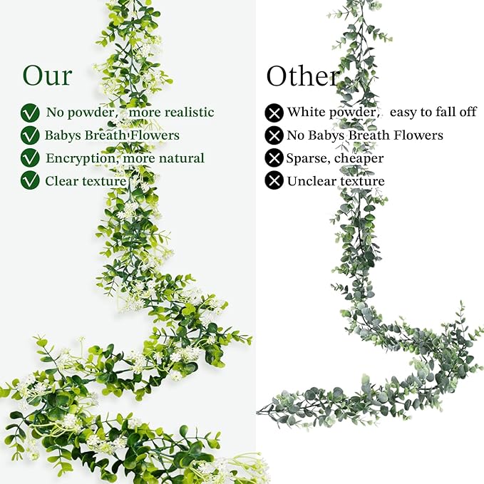 6FT Eucalyptus Garland with Flowers, 2 Pack Artificial Greenery Garland Hanging Spring Eucalyptus Garland Suitable for Table Wedding Backdrop Arch Wall Party UV Protected Indoor Outdoor Decor