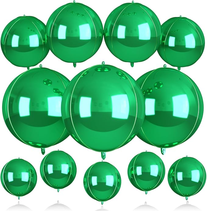 12Pcs Green Round Balloons Foil, 22" 18" 15" 10" 4D Round Ball Balloon, Big Metallic Green Foil Balloons for Baby Shower Wedding Graduations Christmas Safari Jungle Party Decorations Backdrop