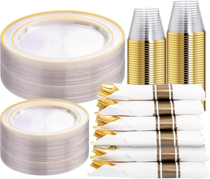 WELLIFE 210PCS Clear-Gold Plastic Plates - Dinnerware Sets for 30 Guests - 60 Disposable Plates, 90 Plastic Silverware, 30 Cups, 30 Napkins for Party