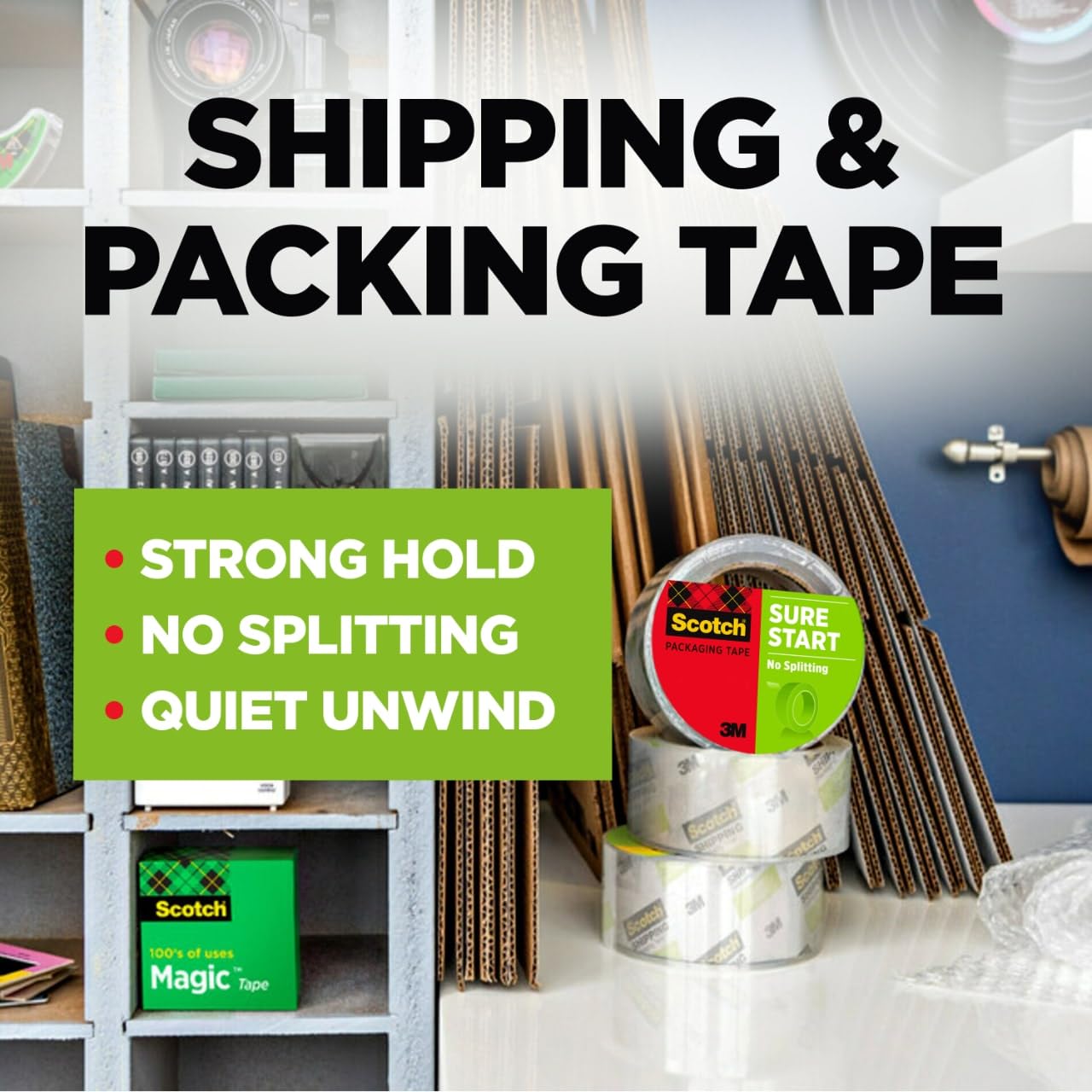 Scotch Sure Start Packing Tape, Clear, Quiet Unwind and Easy Start, 1.88 in. x 54.6 yd., 8 Tape Rolls