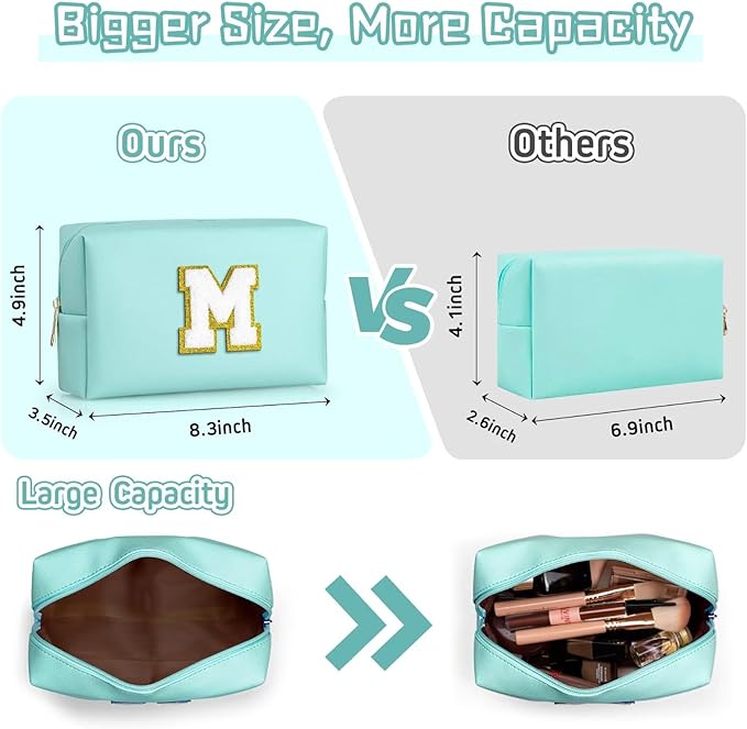 TOPEAST Travel Makeup Bag, Personalized Initial Toiletry Bag w Zipper, Cute Makeup Pouch, PU Leather Waterproof Cosmetic Bag, Birthday Gift for Daughter, Preppy Things for Girls (Blue G)
