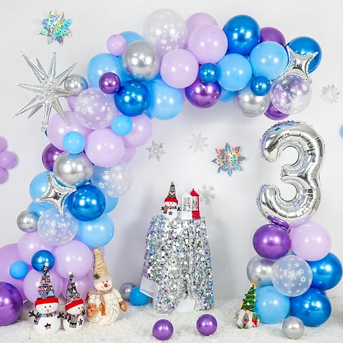 Snow 3rd Birthday Decorations Girl, Snowflake Balloon Garland Arch Kit, Laser Explosion Star Balloons, Silver Number 3 Balloon Tower for Baby Shower Girls 3rd Snow Theme Party Supplies