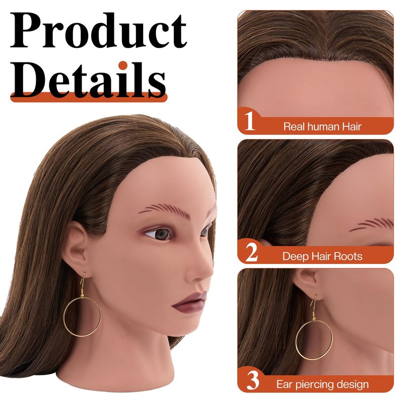 20" Mannequin Head Human Hair,100% Real Hair Mannequin Head,Cosmetology Human Hair Mannequin Doll Head for Hair Styling,Practice Braiding Styling Head with Table Clamp Suitable for Hair Extensions