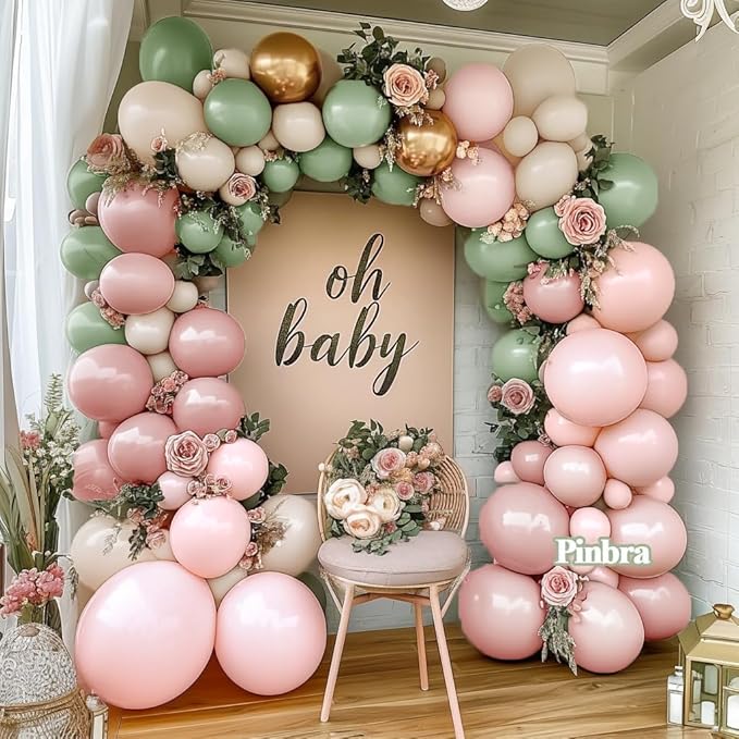 Dusty Green Pink Balloon Arch Double Stuffed Pastel Baby Pink Light Green White Cream Balloon Metallic Gold Latex Balloons for Baby in Bloom Bridal Shower Birthday Wedding Easter Party Decorations