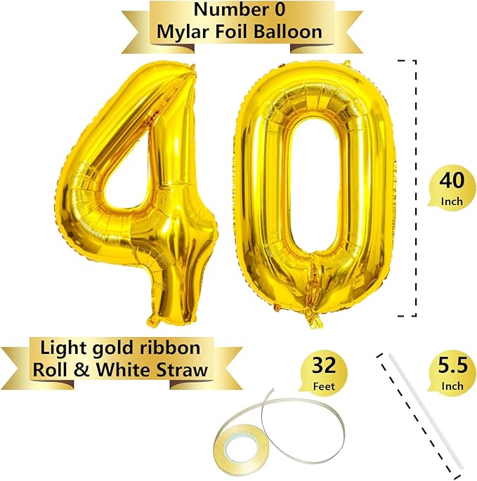 Gold Number Balloons Birthday Balloons - Giant Gold Number 40 Balloon 40 inch, Numbers Balloon 10th Birthday Decorations, Gold Party Supplies for Women Men