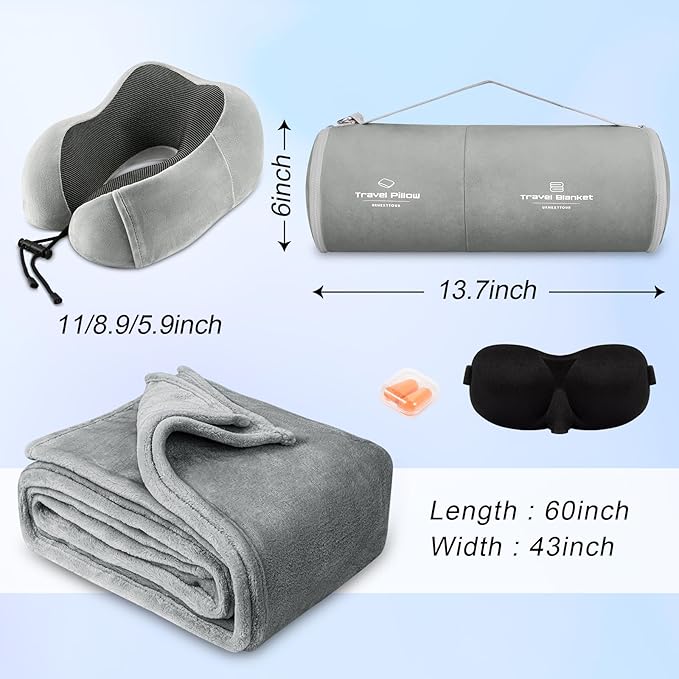 urnexttour Travel Pillow and Blanket Set Neck Pillows Travel Essentials with Sleep Mask for Airplane Car Memory Foam Grey
