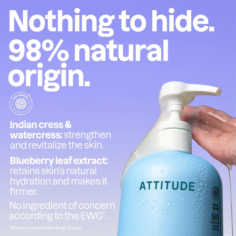 ATTITUDE Body Wash, EWG Verified Shower Gel, Dermatologically Tested, Plant and Mineral-Based, Vegan Personal Care Products, Extra Gentle, Unscented, 32 Fl Oz