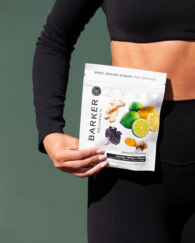 Barker Wellness Immunity Gummies with Vitamin C, Zinc, Elderberry, Turmeric & Ginger for Daily Immune Support | Vegan, Sugar-Free, Lemon-Lime Flavor | Seasonal Wellness Essentials, 60 Count