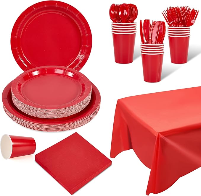 Ottin 169PCS Red Christmas Party Supplies for 24 Guests – Disposable Paper Plates, Napkins, Cups, Forks, Knives, Spoons & Tablecloth for Birthday, Wedding, Thanksgiving, Christmas, and New Year