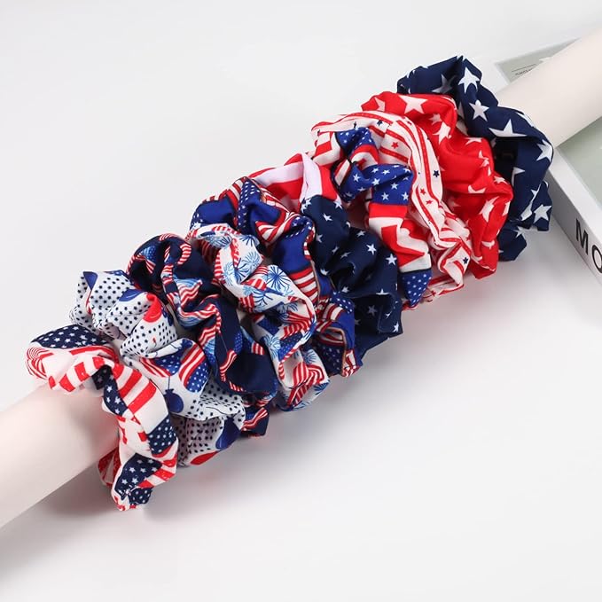10PCS USA American Flag Hair Scrunchies for Women Girls Independence Day Patriotic Red White Blue Hair Ties Fourth of July Festival Ponytail Holder Hair Accessories Elastic Hair Band